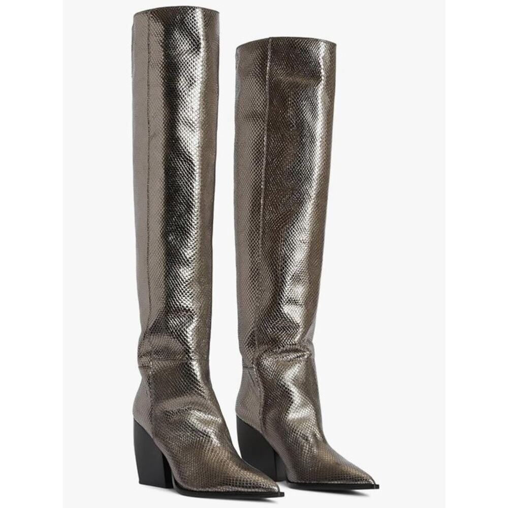 AllSaints Reina Snake Over Knee Boots Gunmetal Leather Pointed EU 39 US 9